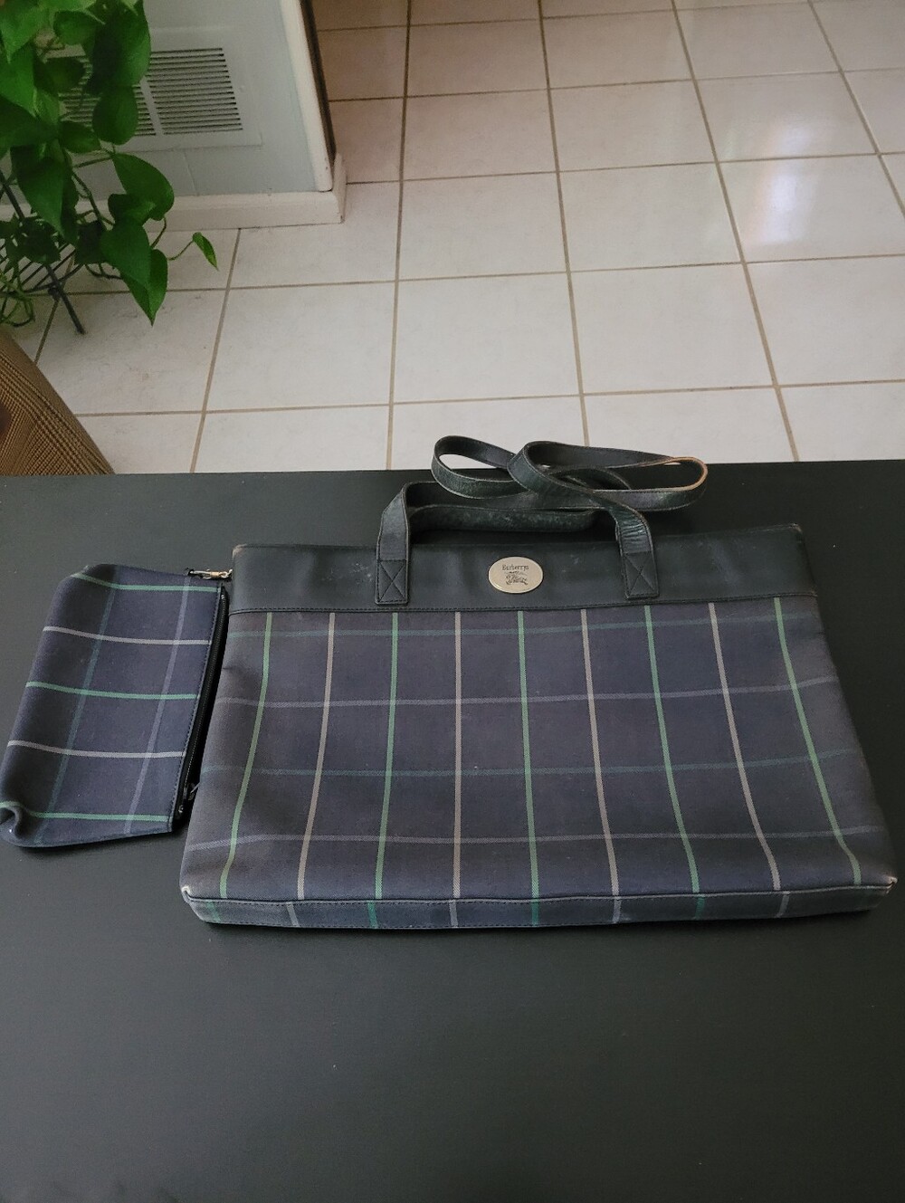 Burberrys Black & Green Checked Tote With Matching Pouch